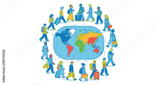 Diverse people around the world map.