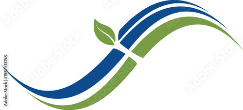 Abstract flowing lines design incorporating a vibrant green leaf element suggesting ecological balance and growth