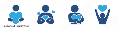 Person Holding Love Icon Set, Self Love and Care Symbols, Vector Illustration