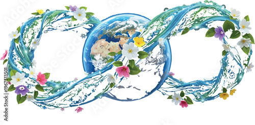 Earth planet encircled by a glowing blue green infinity symbol adorned with bright blooming spring flowers against dark space