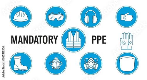 Mandatory Personal Protective Equipment (PPE) Safety Warning Icons with Text on Isolated White Background