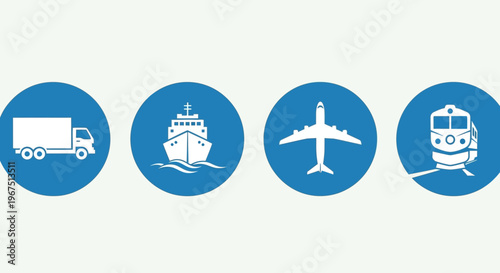 Logistics and Shipping Icons Collection with Delivery Truck, Freight Ship, Commercial Airplane, and Train in Bright Studio