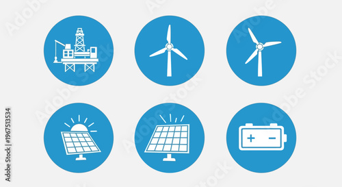 Renewable Energy and Power Generation Icons Set with Oil Rig, Wind Turbine, Solar Panel, and Battery in Bright Studio