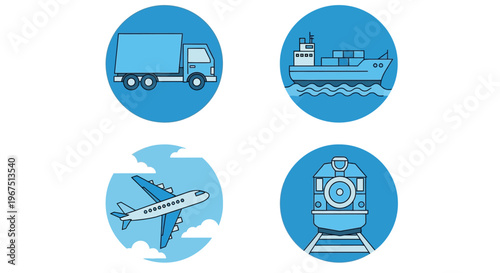 Global Transportation and Logistics Icons Set with Delivery Truck, Cargo Ship, Airplane, and Train in Bright Studio