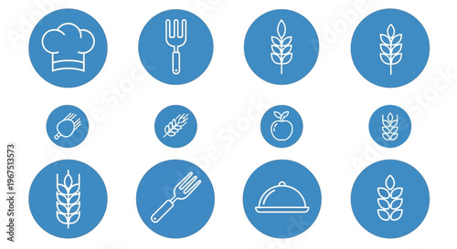 Agriculture and Cooking Icons Collection with Chef Hat, Fork, Wheat, and Healthy Food Symbols in Bright Studio