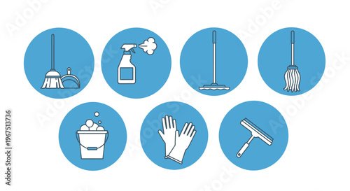 Household Cleaning Tools Icon Set with Broom, Spray Bottle, Mop, Bucket, Gloves, and Squeegee on an Isolated White Background