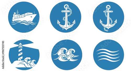 Nautical and Maritime Icon Set with Ship, Anchor, Waves, and Lighthouse on an Isolated White Background
