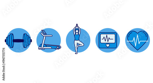 Health and Fitness Icon Set with Yoga, Dumbbell, Treadmill, Heart Monitor, and Heartbeat on an Isolated White Background