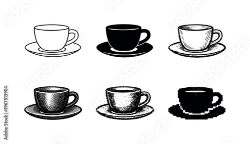 Ceramic coffee cup with handle and saucer, used to serve hot beverages like espresso or cappuccino  containing