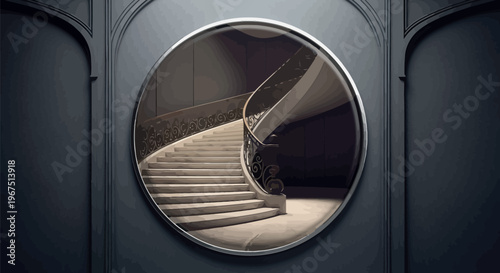 Elegant and grand spiral marble staircase with intricate wrought iron railing design reflected through a captivating circular frame, showcasing luxurious architectural interior details.