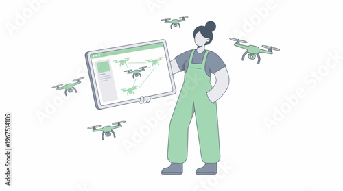 Flat illustration of a person managing a fleet of autonomous drones with a tablet, showcasing advanced aerial technology and smart navigation systems for various applications