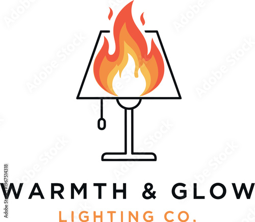 Warmth & Glow Lighting Co. brand identity featuring a creative minimalist line art table lamp logo with vibrant, dynamic flames instead of a bulb, symbolizing cozy and unique illumination solutions.