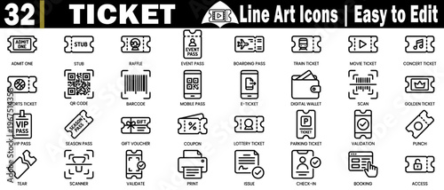 Ticket line art icons. modern flat outline vector illustration. Various tickets for events, transportation, and entry-related icons set. easy to edit vector illustration.