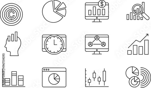 Data analysis icons, business intelligence symbols, statistics graphics, financial charts, analytics visuals, performance tracking, growth, insights, dashboards, reporting