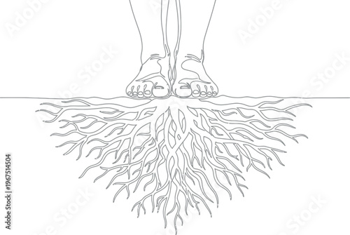 Bare feet standing firmly above an intricate network of deep flowing roots symbolizing connection grounding and natural balance