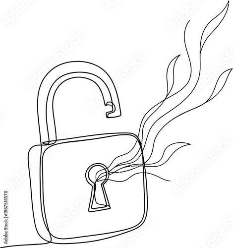 Minimalist one-line art drawing of an open padlock with flowing abstract elements emerging from the keyhole, symbolizing freedom, security, and unlocking new opportunities or solutions.