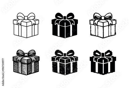 Six Present Variants. Wrapped present package with lid and decorative ribbon bow, given as a thoughtful token of appreciation |