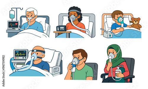 Diverse patients using medical devices like oxygen masks, CPAP machines, and nebulizers for respiratory therapy in hospital settings