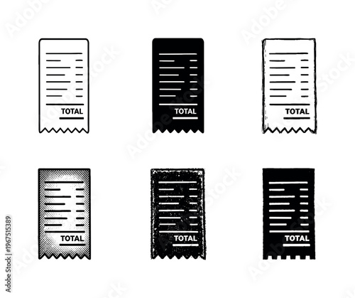 Long narrow shopping receipt paper slip with item lines and total area, used as proof of purchase after payment | Create ONE