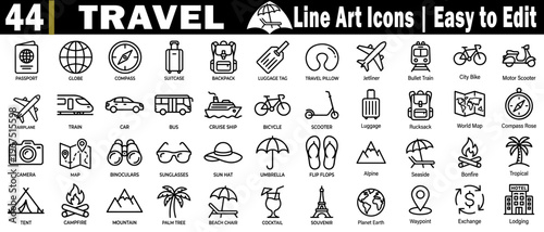 Travel line art icons set. Representing transport, accommodation, and leisure activities for holidays and journeys, vector illustration.