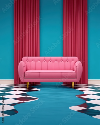 A modern pink sofa stands against a blue wall with red curtains, on a unique blue and black checkered floor with an irregular edge design.