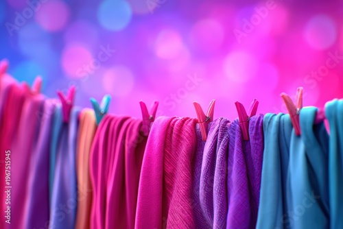 Colorful clothes hanging on a line with clothespins against a vibrant bokeh background.