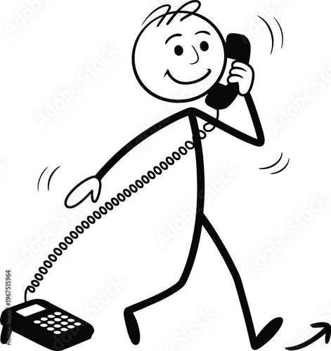 Stick figure walking while talking on a landline telephone
