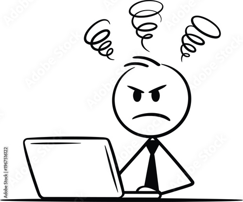 Cartoon stick figure businessman working on laptop computer and feeling angry and frustrated