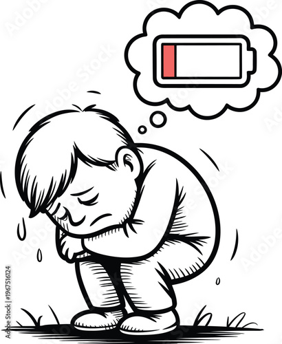 Depressed man crouching with low battery icon