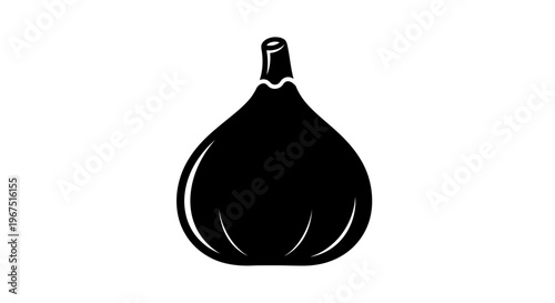 Stylized black silhouette of a single ripe fig fruit with a curved stem isolated on a clean white background representing healthy food and natural sweetness in a minimalist