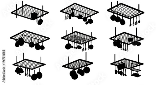 Overhead kitchen pot rack systems with various cooking utensils pots and pans suspended showcasing organized culinary storage solutions and efficient kitchen design concepts