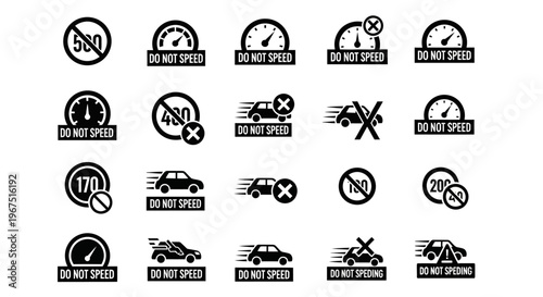 Collection of black and white icons representing speed limits traffic signs and vehicle speed control perfect for road safety and transportation themes