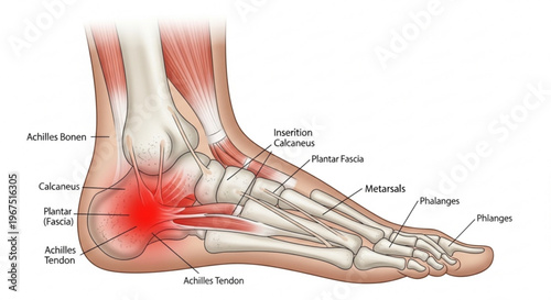 A detailed anatomical illustration of the human foot and ankle highlighting the Achilles tendon and plantar fascia