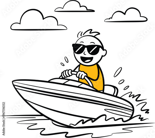 Cartoon character driving a motorboat on the water