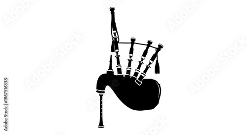 Iconic silhouette of traditional bagpipes a complex wind instrument with a bag and multiple drones presented in stark black against a clean white background evoking cultural