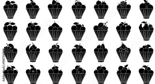 Collection of silhouette illustrations of various desserts in paper cups featuring fruits like apples cherries and berries perfect for food blogs and culinary designs