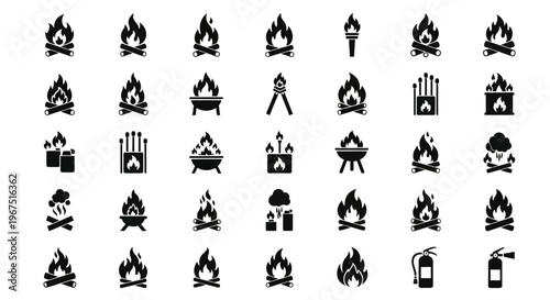 Collection of black silhouette icons representing fire flames campfires bonfires torches matches fireplaces grills fire extinguishers and smoke signals isolated on white