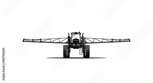 Modern agricultural sprayer tractor with extended boom arms designed for efficient field crop treatment and pest control presented in a striking silhouette against a clean white