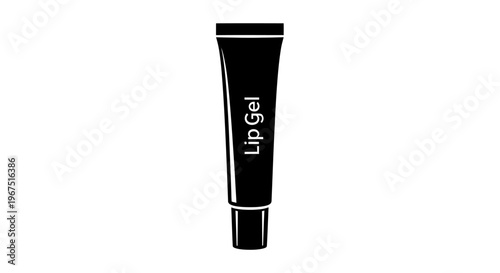Black silhouette of a tube of lip gel with white text 'lip gel' on a clean white background representing beauty skincare and personal care products