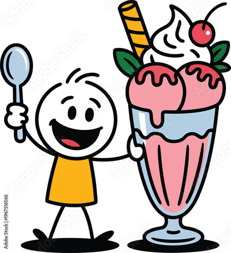 Happy stick figure character holding a spoon next to a large delicious ice cream sundae dessert with whipped cream and a cherry