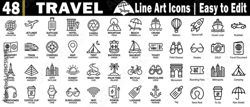 Travel line art icons. Featuring transportation, landmarks, and gear for exploring the world and global adventures, vector illustration.