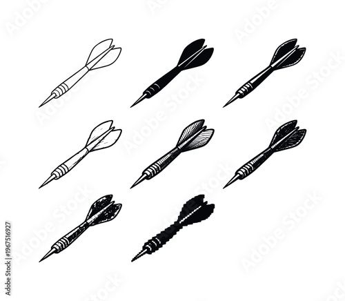 Sharp tipped dart with pointed metal tip and feathered tail fins, thrown at a target board in precision games | Create ONE image