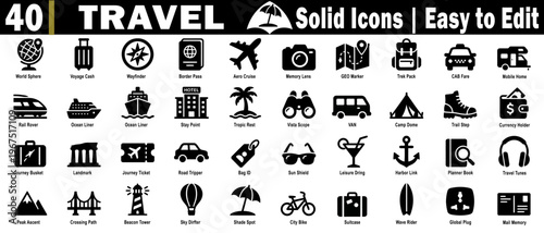 Travel solid color icons set. Depicting transportation, lodging, and activities for vacation planning and global exploration themes, vector illustration.