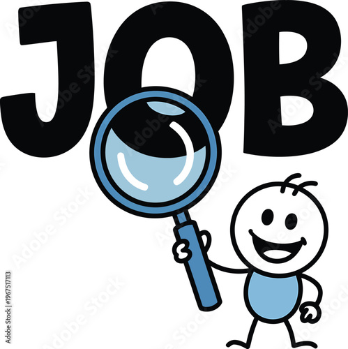 Cartoon character holding a magnifying glass looking for a job, concept of job search, recruitment, career opportunities, employment, hiring, professional growth