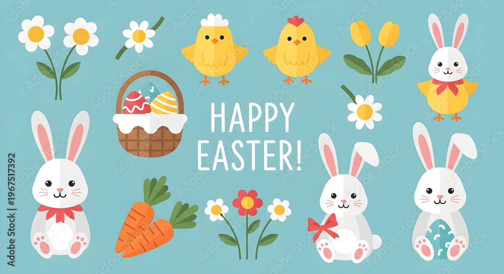 Naklejka premium Flat Easter holiday illustration set, cute bunny and chick characters with spring flowers, festive greeting card elements on blue background