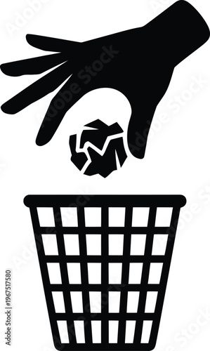 Hand throwing crumpled paper into trash bin icon