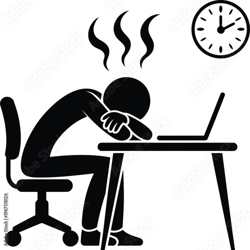 Stressed employee sleeping or exhausted at desk with laptop icon, representing burnout, overwork, fatigue, and workplace pressure