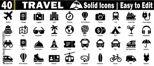 Travel solid color icons. A collection of transportation, accommodation, and sightseeing for holiday and adventure trips, vector illustration.