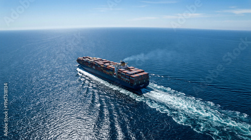 Massive cargo ship navigating open ocean under clear blue sky