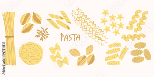 Italian pasta vector illustration set. Hand drawn doodle dry raw pasta shapes assortment for food and culinary graphic design.